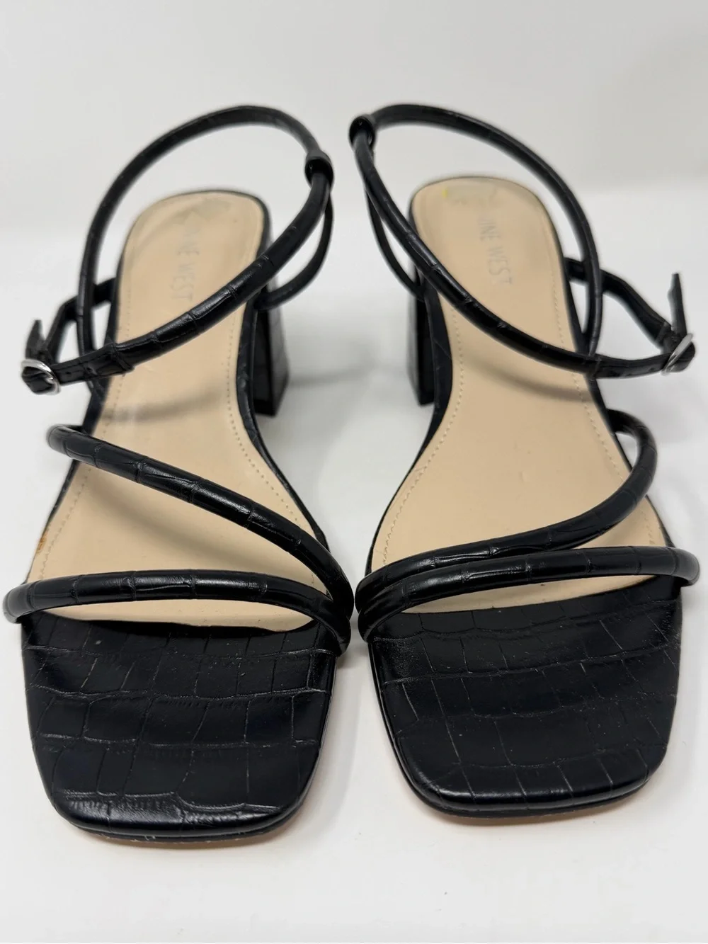 Women’s Nine West Black Croc-Embossed Strappy Block Heels